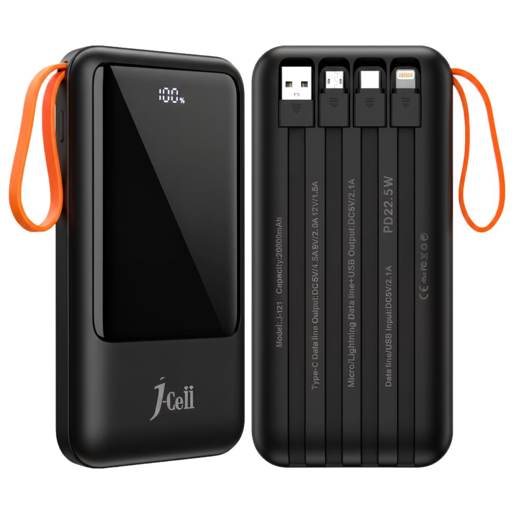 J-Cell 20000mAh Power Bank – PD 22.5W Super Fast Charging With 4 Built-In Cables