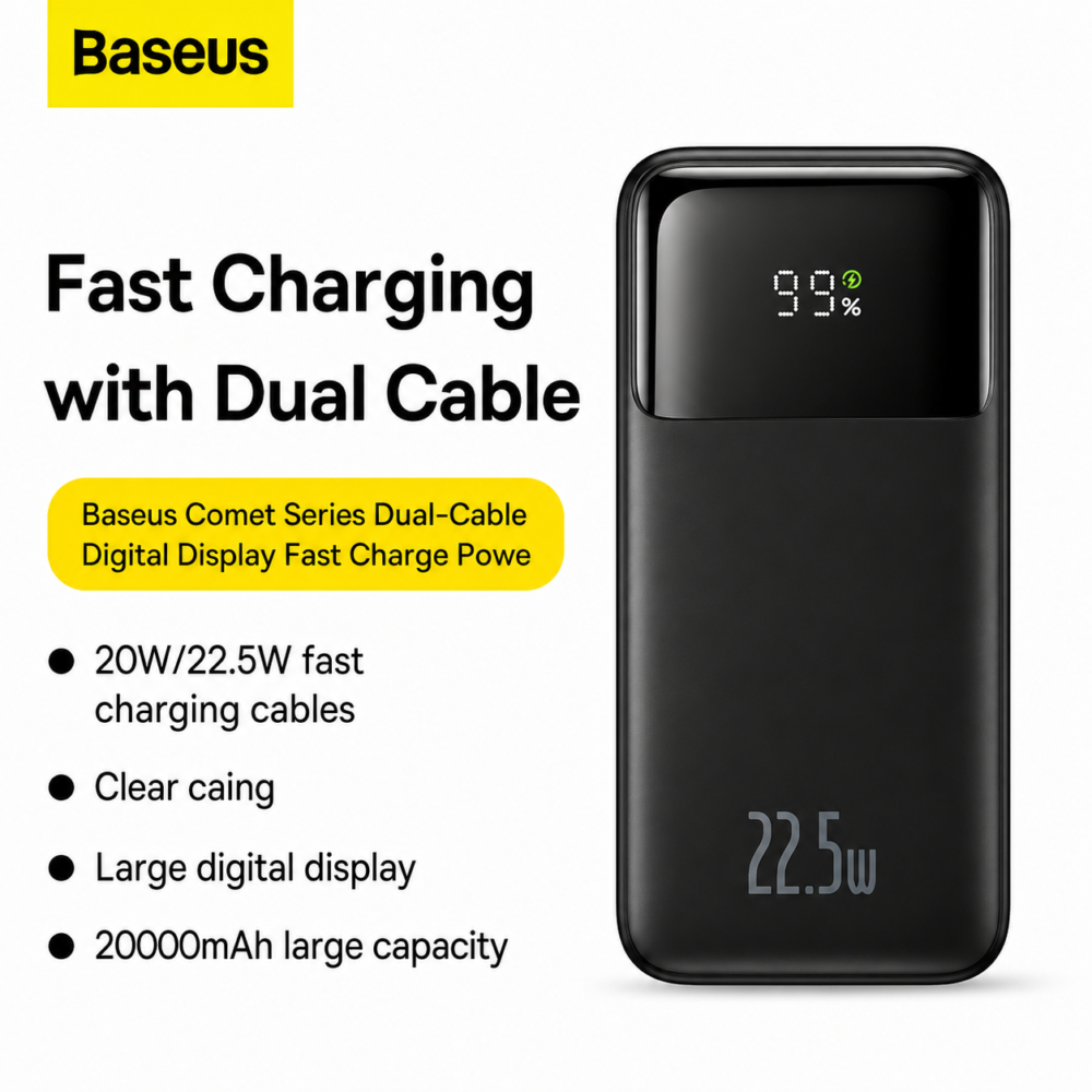 Baseus Comet 20000mAh 22.5W Dual-Cable Power Bank – White Color