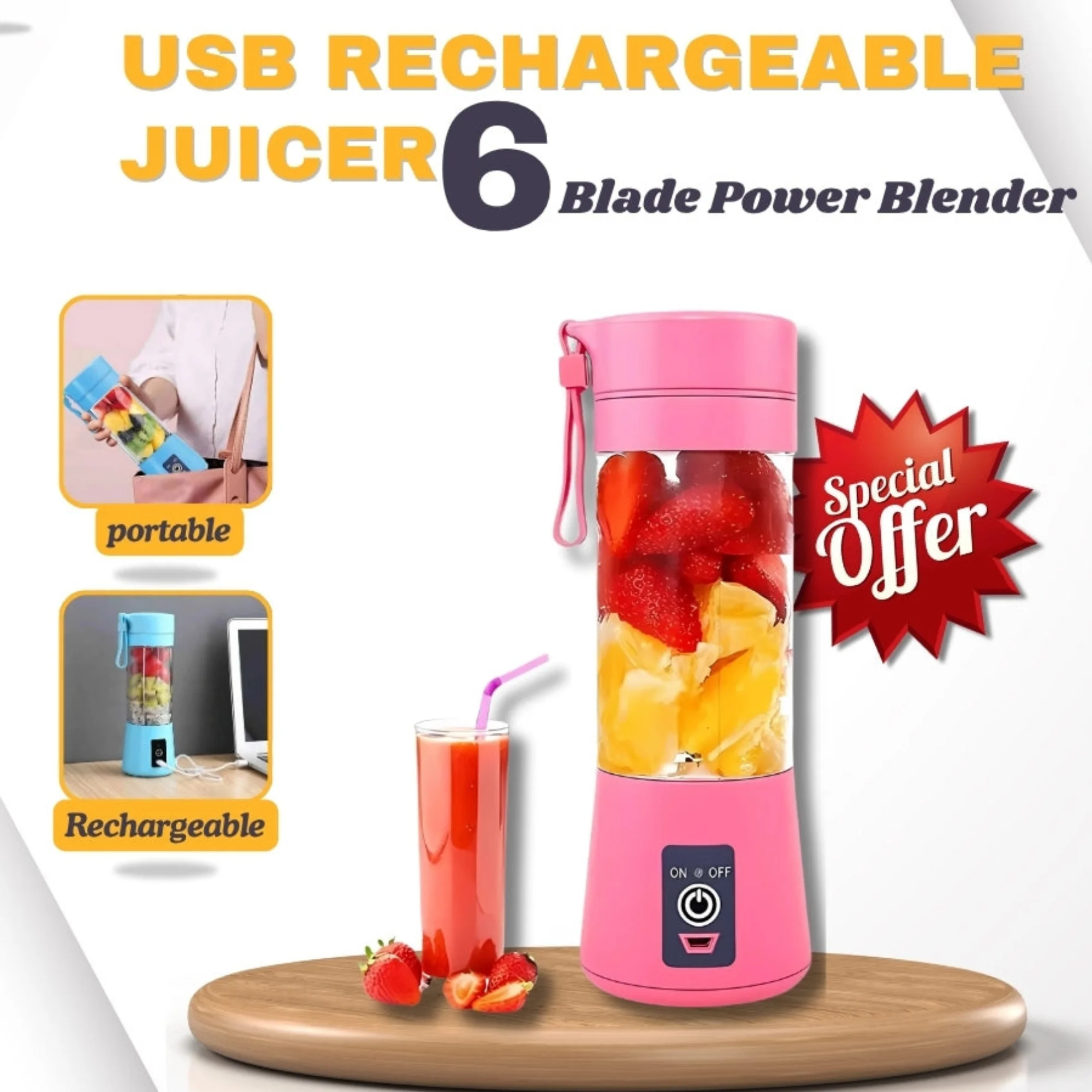 Portable Rechargeable 6 Blades Juicer Blender